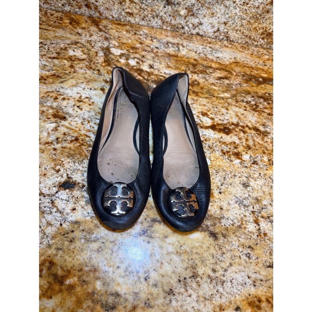 Tory Burch Black Leather Logo Ballet Flats